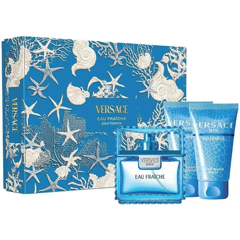 Versace Eau Fraçèche perfume set with blue packaging featuring marine patterns.