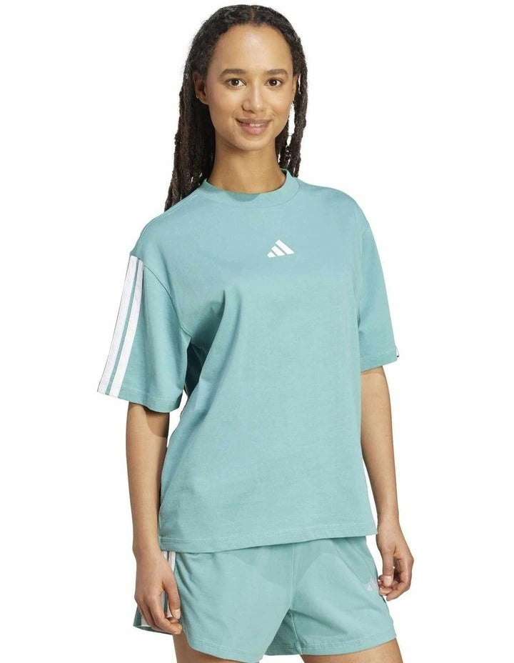 Adidas Essentials 3-Stripes Boyfriend Tee in black cotton with relaxed fit and iconic 3-stripes design