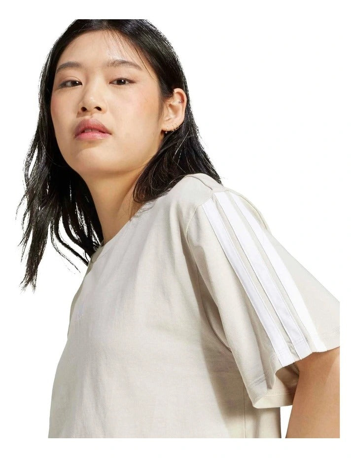 Adidas Essentials 3-Stripes Boyfriend T-shirt in white cotton, relaxed fit casual sporty tee for women