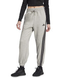 Adidas Essentials 3-Stripes Fleece Loose-Fit Joggers in grey, cozy casual pants with iconic side stripes, made from recycled cotton and polyester blend