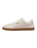 White and pink Puma sneaker with brown sole on a white background