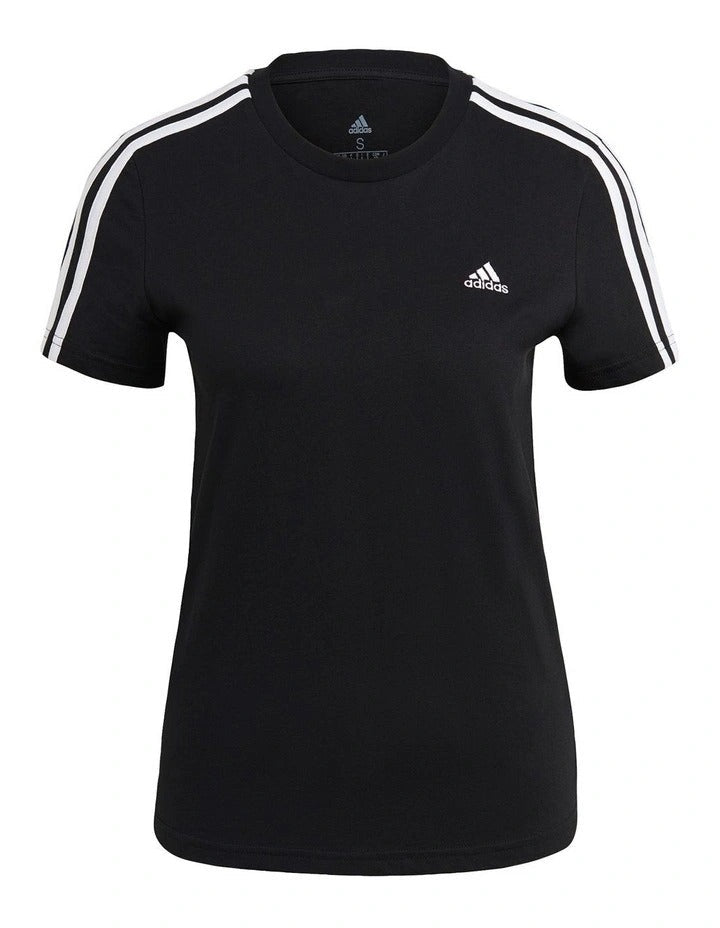 Black t-shirt with Adidas logo and stripes on a white background