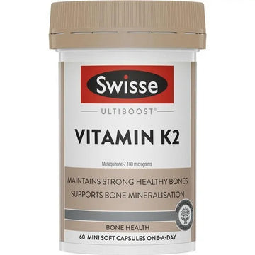 Swisse Ultiboost Vitamin K2 60 Capsules for strong bones and calcium absorption.