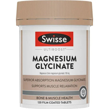 Swisse Ultiboost Magnesium Glycinate 120 Tablets for muscle relaxation and stress support.