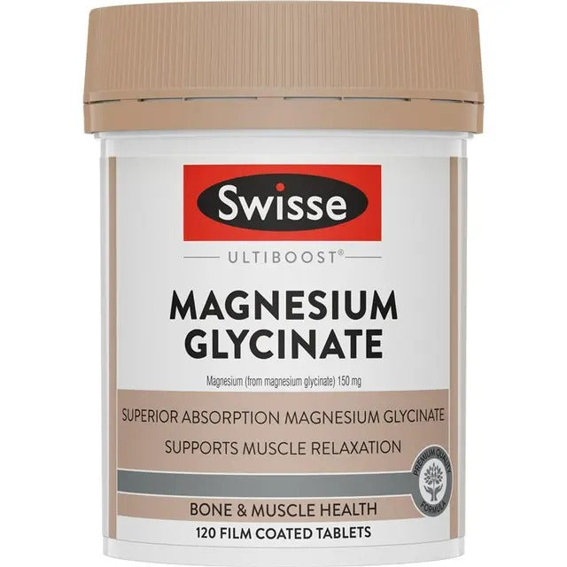 Swisse Ultiboost Magnesium Glycinate 120 Tablets for muscle relaxation and stress support.