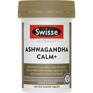 Swisse Ashwagandha Calm+ — vegan stress relief supplement with magnesium and herbs.