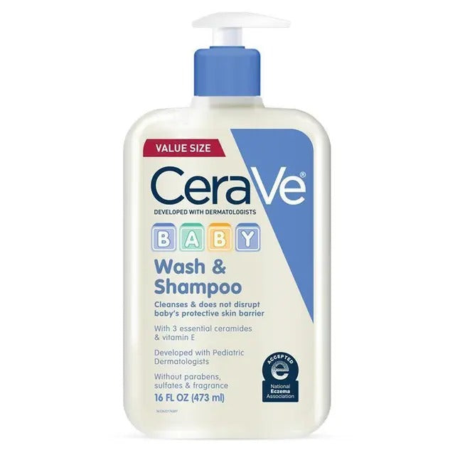 CeraVe Baby Wash & Shampoo 473ml – gentle tear-free cleanser with ceramides & hyaluronic acid.