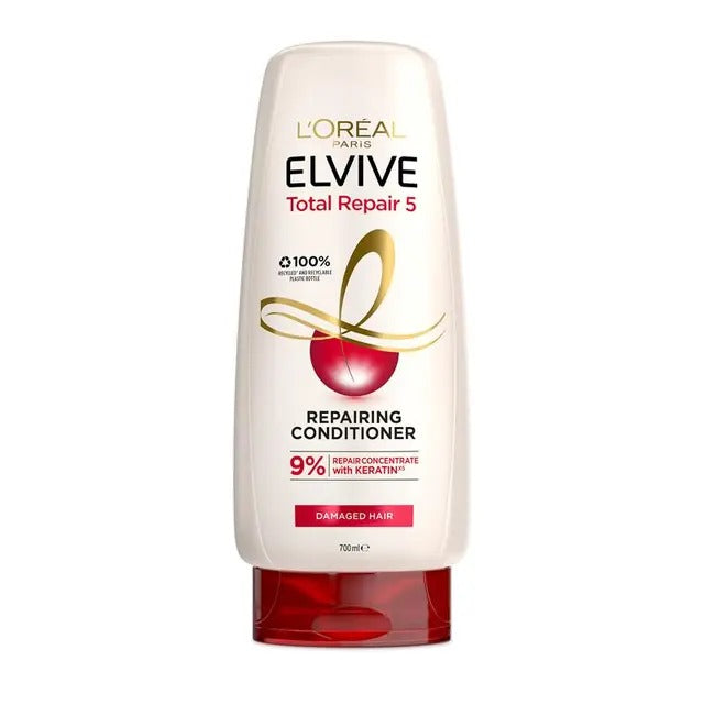 L'Oreal Elvive Total Repair 5 Conditioner 700ml repairs damaged hair for silky, healthy results.