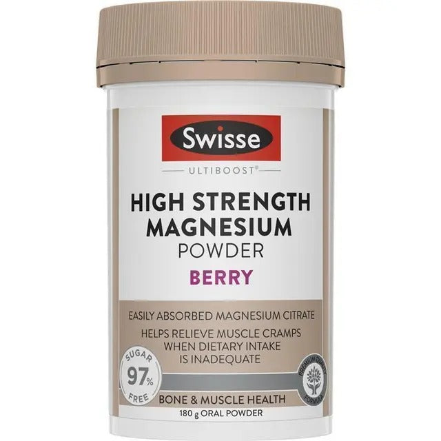 Swisse High Strength Magnesium Powder Berry 180g – supports muscle health and energy.