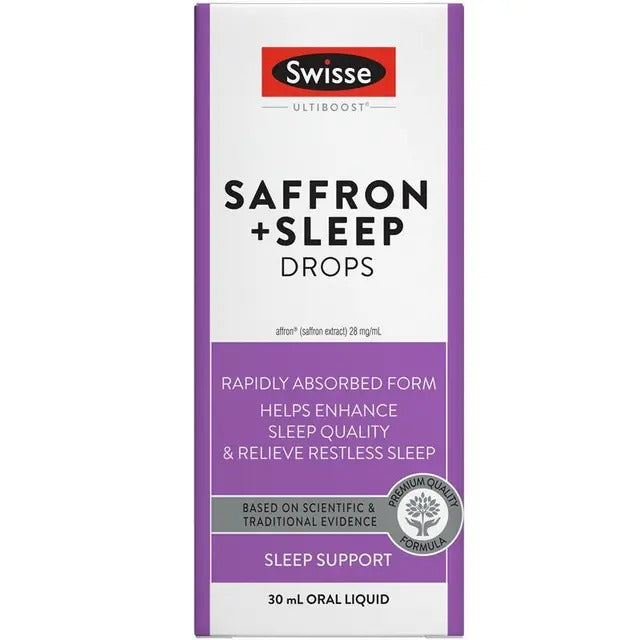 Swisse Ultiboost Saffron + Sleep Drops 30mL natural sleep support with saffron, hops, and passionflower.