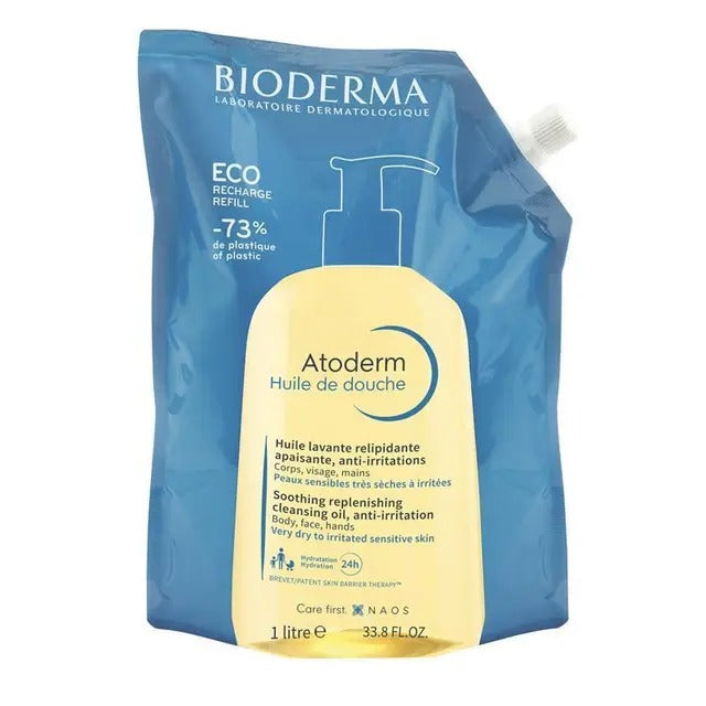 Bioderma Atoderm Ultra-Nourishing Shower Oil Cleanser Eco Refill 1L — hydrating, soothing body wash for dry, sensitive skin.