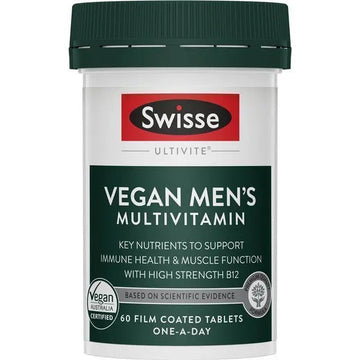 Swisse Vegan Men's Multivitamin 60 Tablets for daily energy and muscle support.
