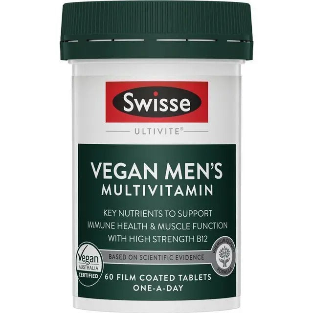 Swisse Vegan Men's Multivitamin 60 Tablets for daily energy and muscle support.