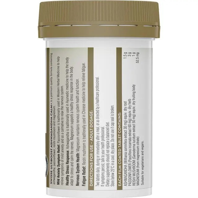 Swisse Ashwagandha Calm+ — vegan stress relief supplement with magnesium and herbs.