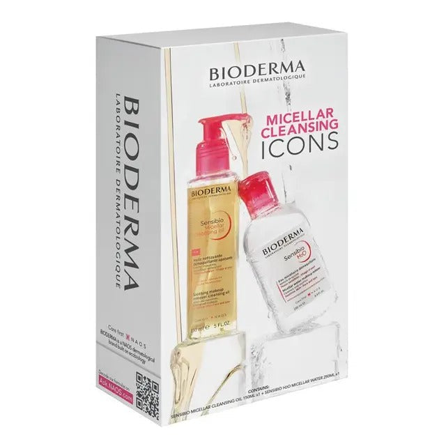 Bioderma Sensibio Micellar Power Double Cleanse Gift Set XMAS 2024 for sensitive skin — includes micellar water and cleansing oil.