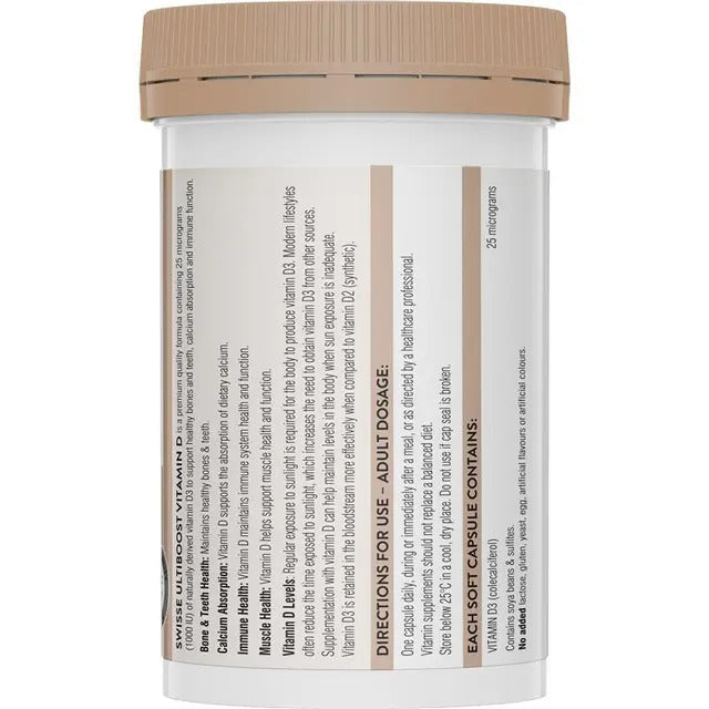Swisse Vitamin D 250 Capsules – Supports bone, teeth, and immune health. Helps calcium absorption and maintains vitamin D levels.