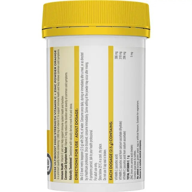 Swisse High Strength Vitamin C + Zinc Powder Orange 150g – immune support, cold relief, citrus flavour.