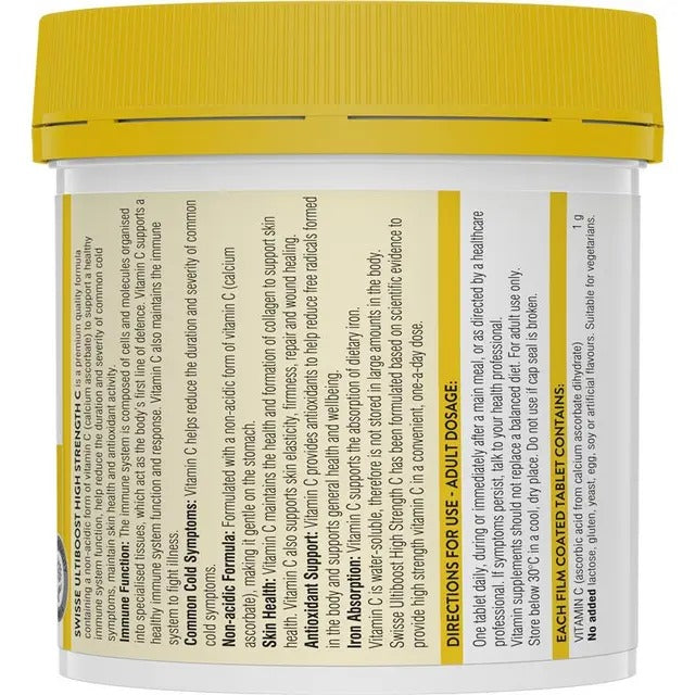 Swisse High Strength Vitamin C 1000mg 250 Tablets for immune and skin health.