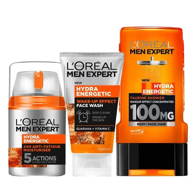 L’Oreal Men Expert Hydra Energetic Gift Set with face wash, moisturiser, and shower gel.