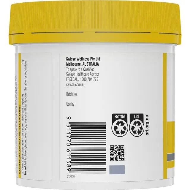 Swisse High Strength Vitamin C 1000mg 250 Tablets for immune and skin health.