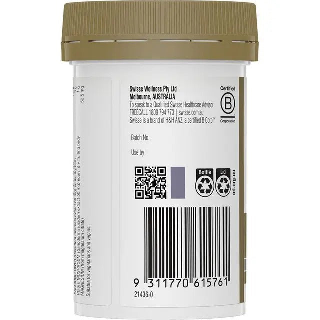 Swisse Ashwagandha Calm+ — vegan stress relief supplement with magnesium and herbs.