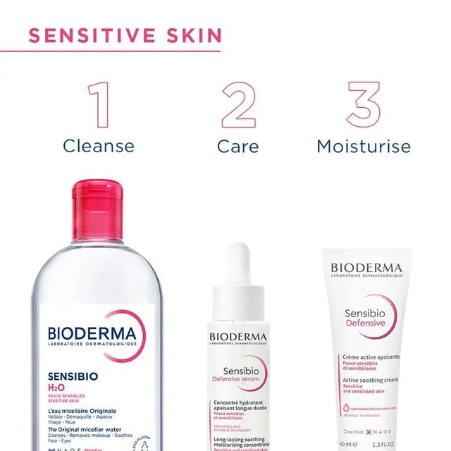 Bioderma Sensibio H2O micellar water cleanser for sensitive skin, removes makeup and soothes skin.