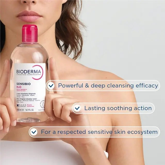 Bioderma Sensibio H2O Micellar Water 250ml – gentle cleanser for sensitive skin, removes makeup and impurities.