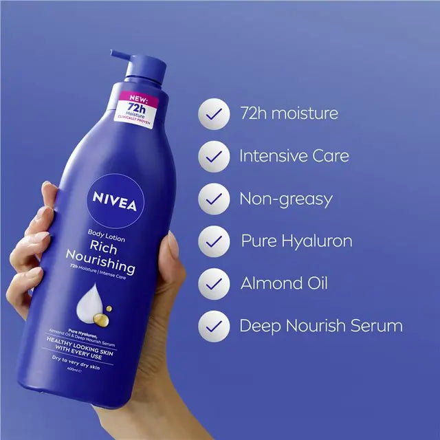 NIVEA Rich Nourishing Body Lotion Moisturiser 72H Hydration 400ml, product image 3