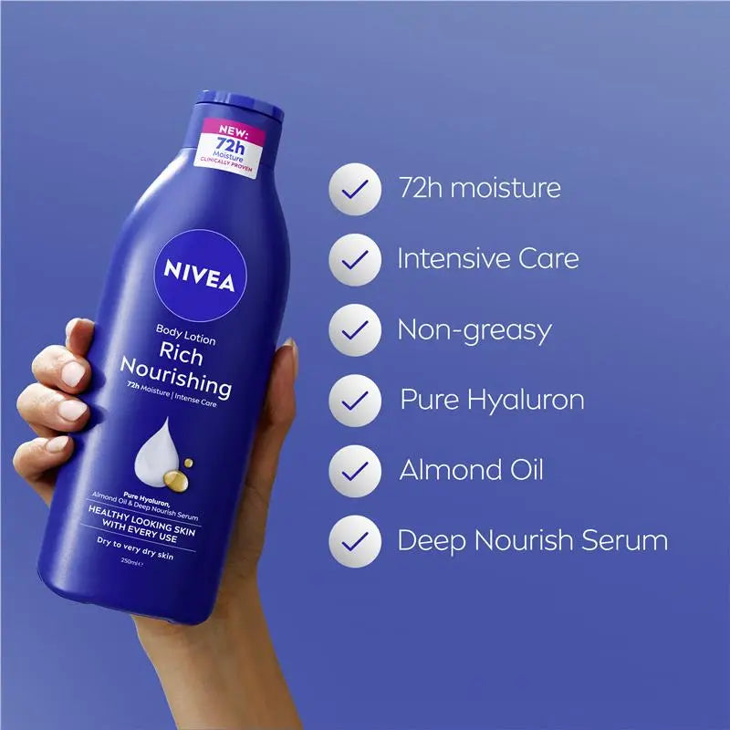 NIVEA Rich Nourishing Body Lotion Moisturiser 72H Hydration 250ml, product image 3