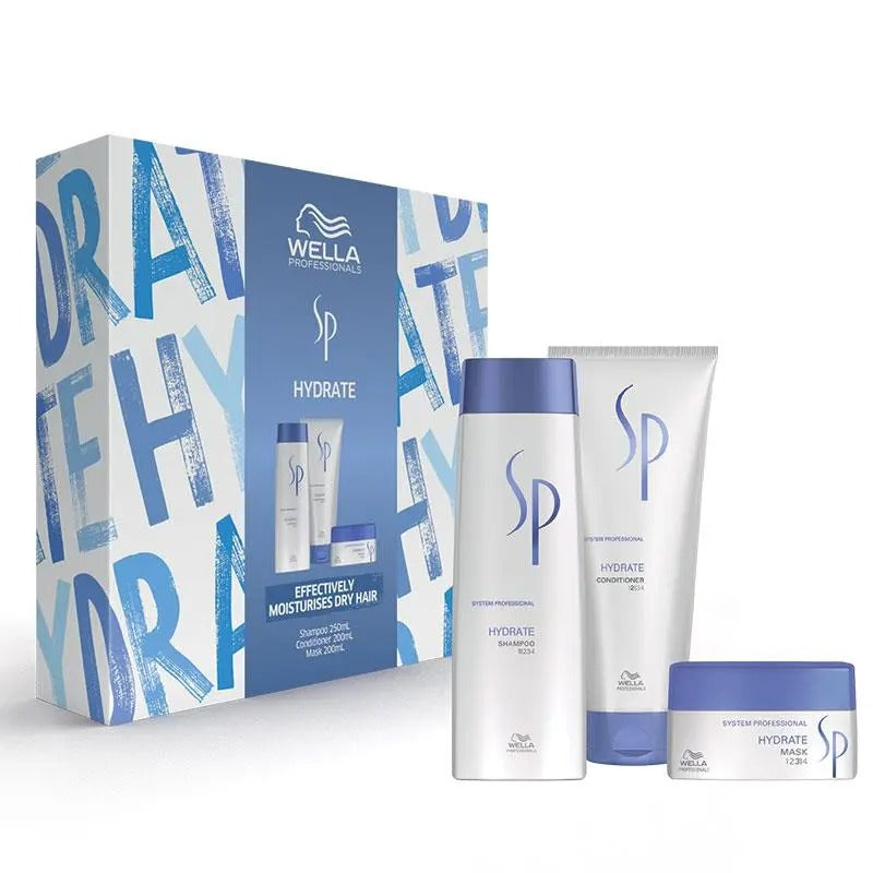 Wella SP Hydrate Trio Gift Set with shampoo, conditioner, and treatment for deep hydration, shine, and softness in dry hair