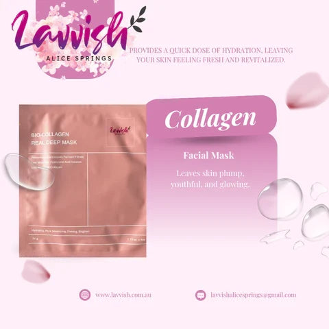 Lavvish Bio Collagen Face Mask set of 5 in elegant pink packaging displayed on marble surface with skincare accessories