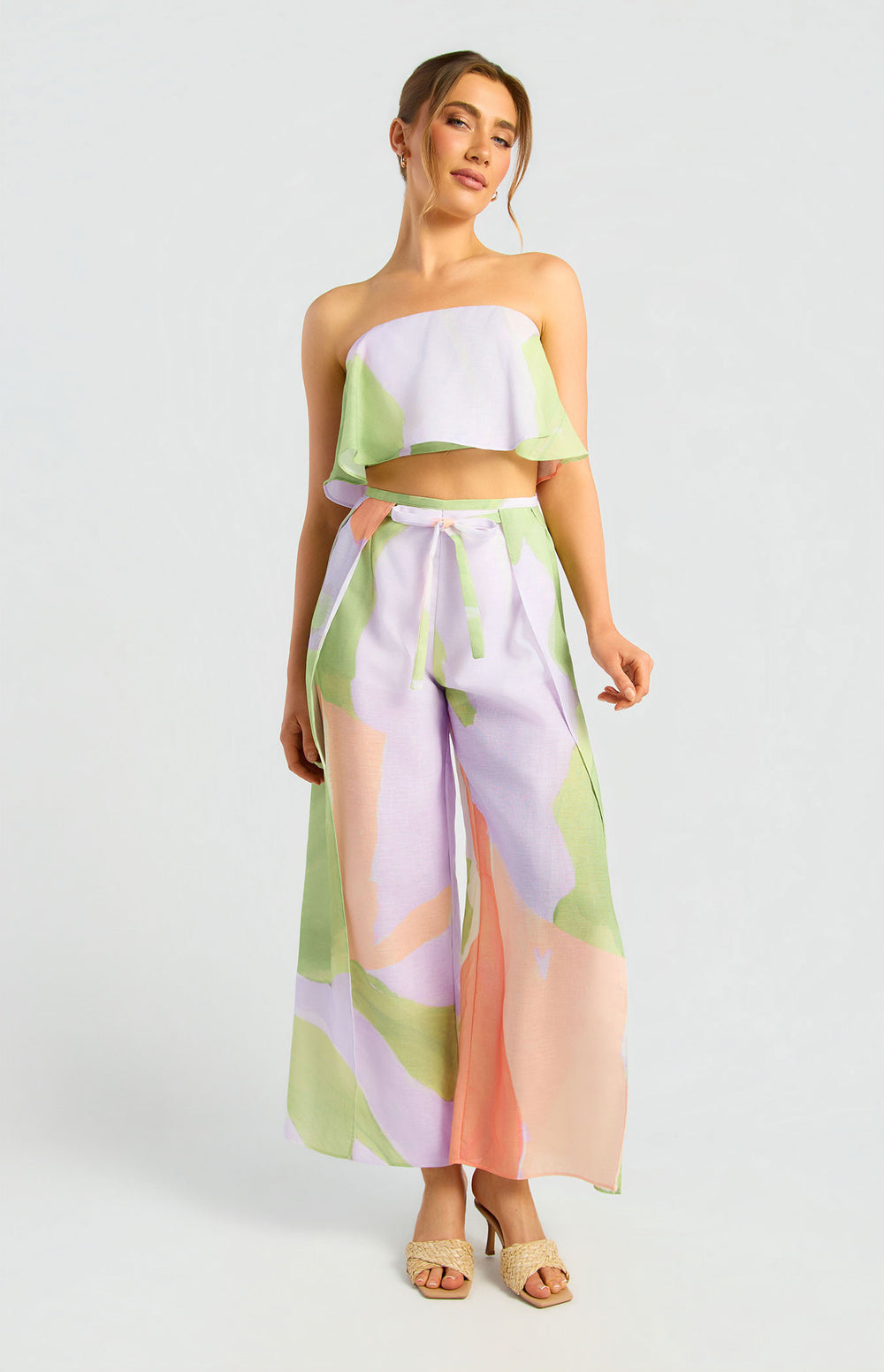 Faux Linen Abstract Print Strapless Top And Leg Split Detail Pants Set (SET3-12A)
