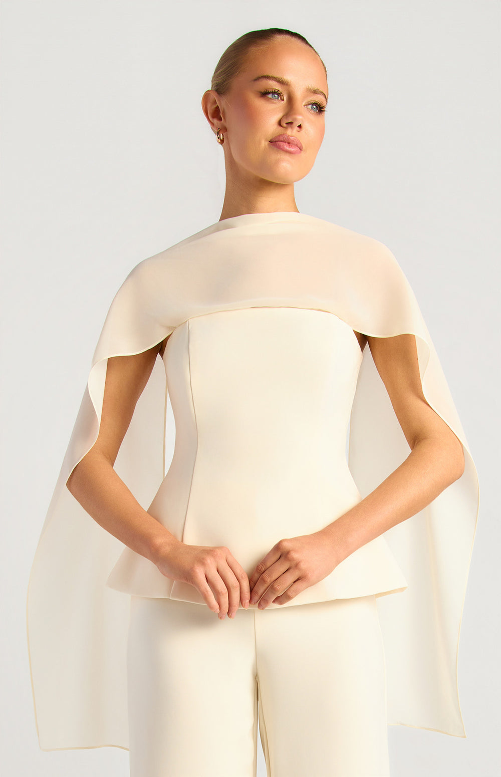 Draped Scarf Feature Peplum Top With Boning (WTO910B)