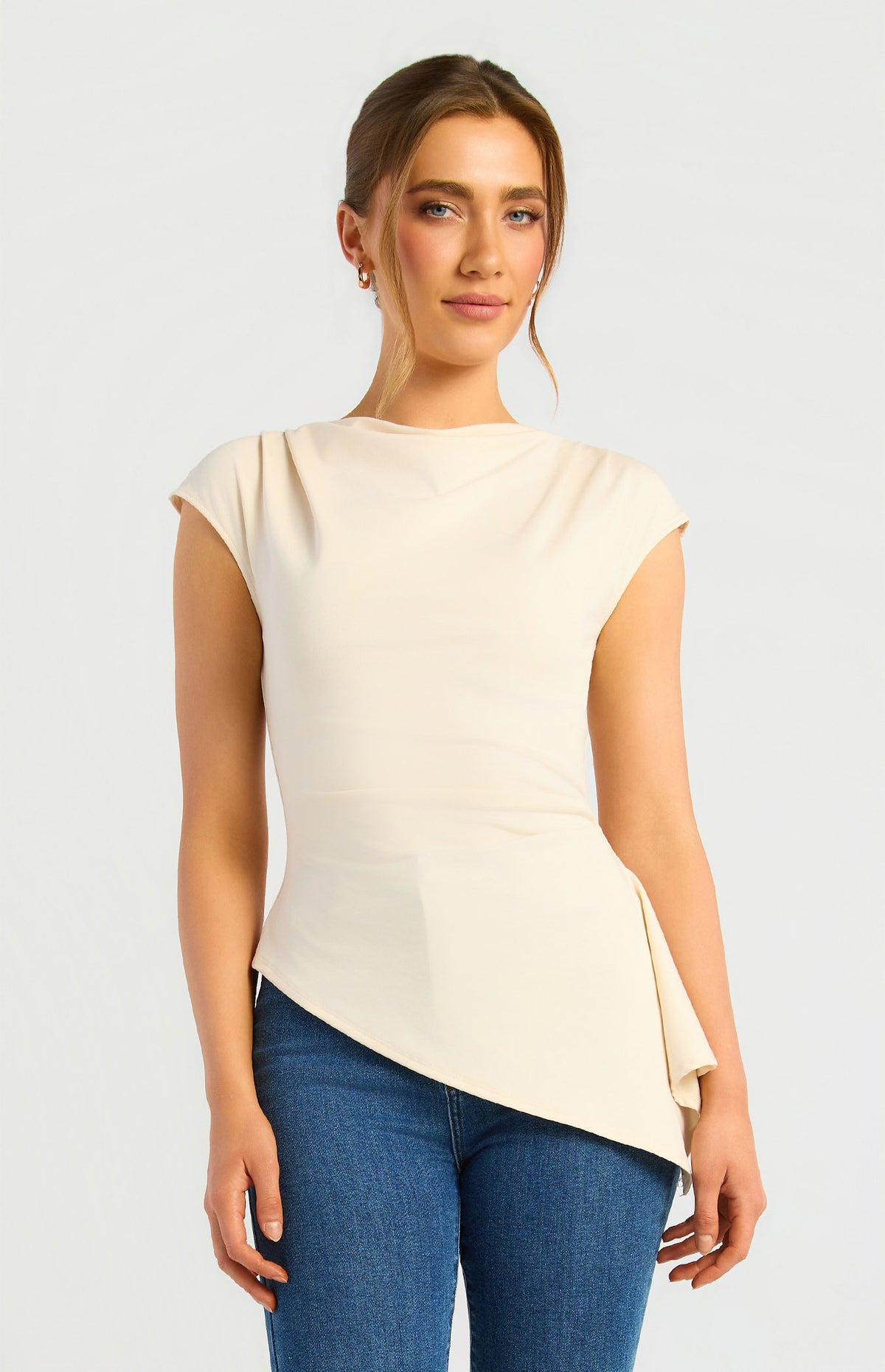 Cowl Neck Pleat Details Peplum Hem Top (WTO920B)