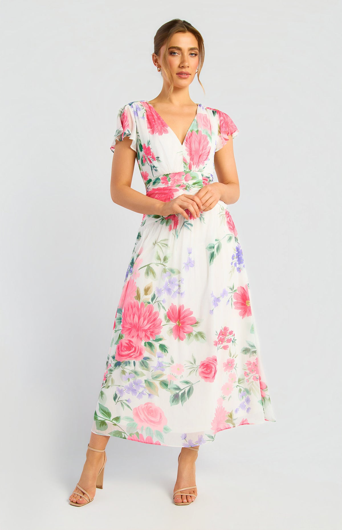Floral Short Sleeve Chiffon Midi Dress (SDR2000A)