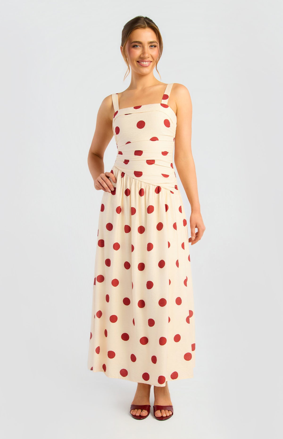 Asymmetric Ruched Waist Detail Polkadot Print Dress (SDR1995A)
