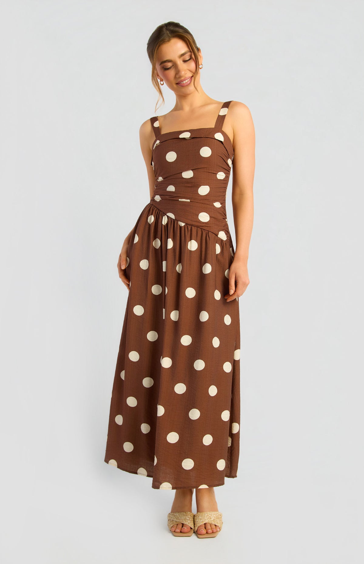 Asymmetric Ruched Waist Detail Polkadot Print Dress (SDR1995A)