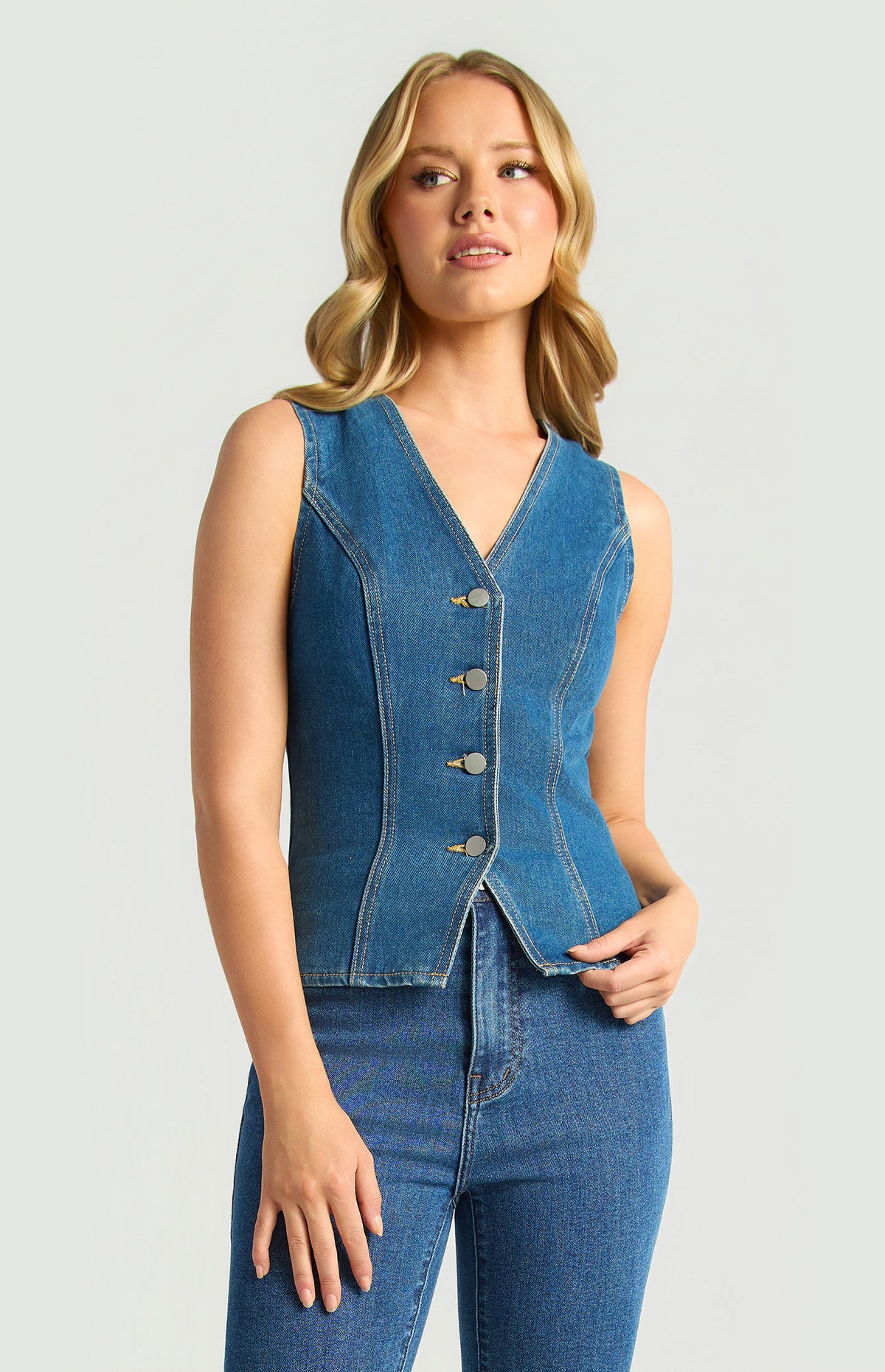 Denim Vest Top With Front Button Up And Adjustable Back Waist (WDM652A)