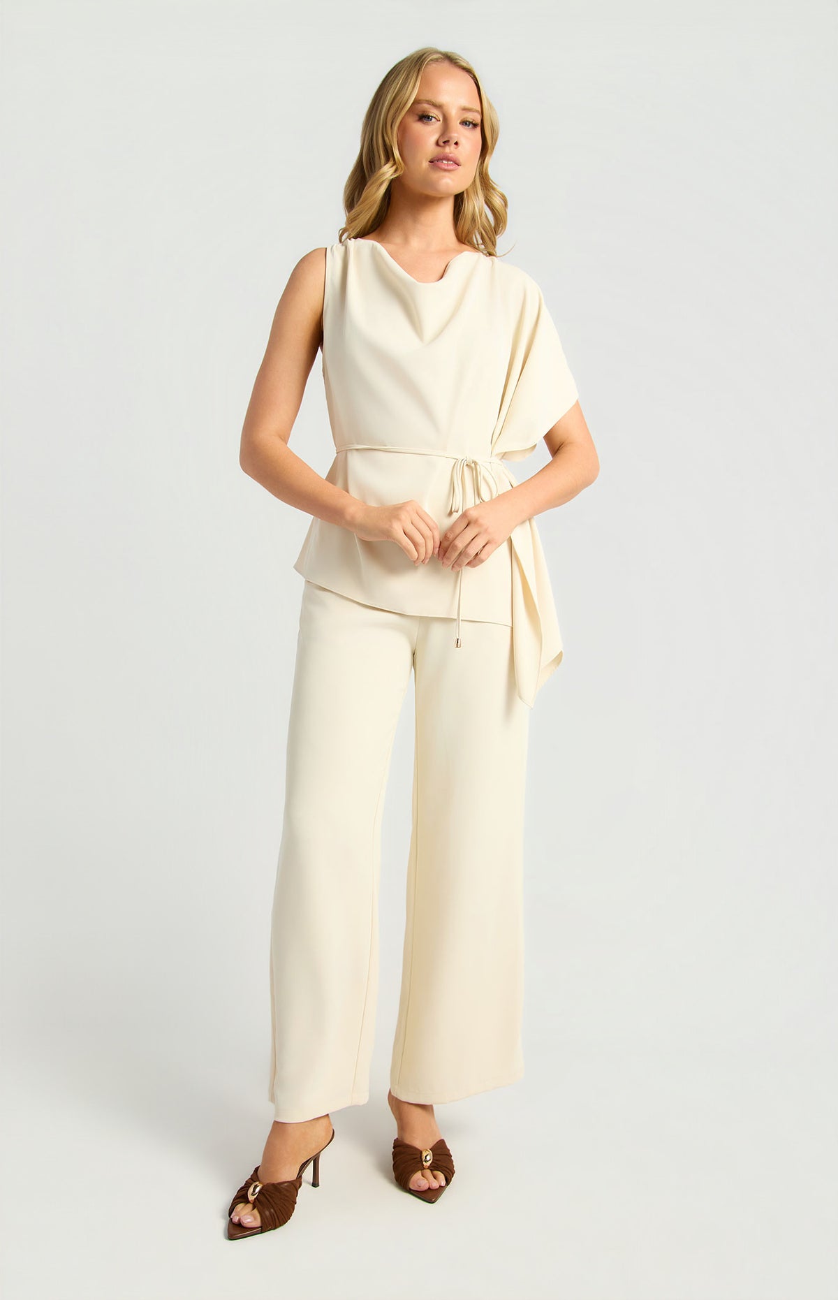 Draped Asymmetric Sleeve Top and Pants Set (SSE621A)