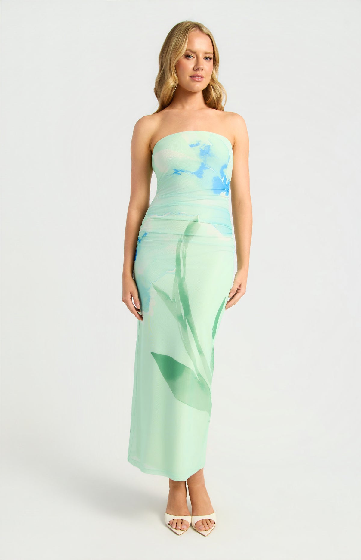 Contrast Floral Print Strapless Mesh Midi Dress (SDR1734-4A)