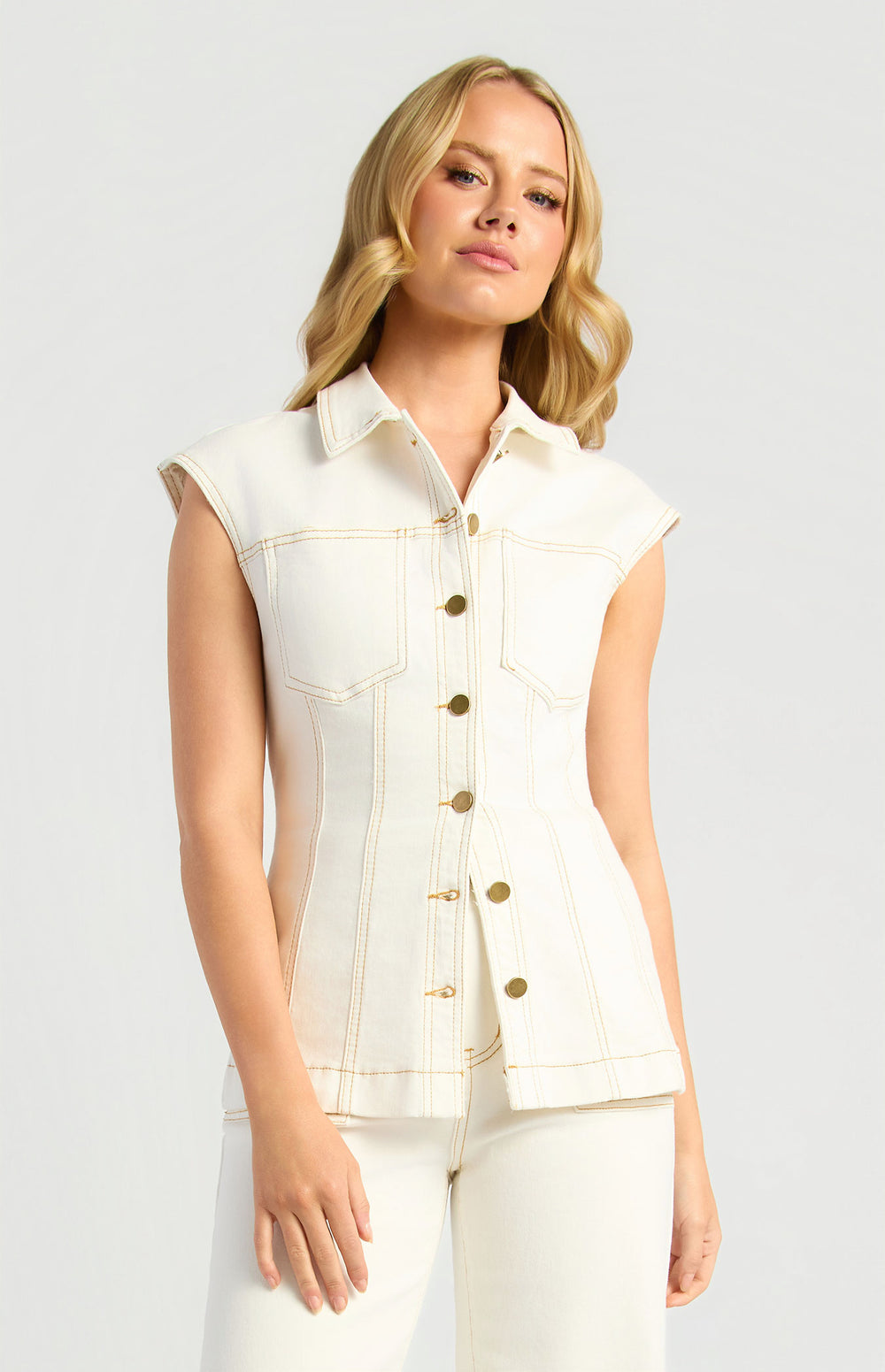 Cap Sleeve Denim Top With Adjustable Back Waist Tab (WDM660)