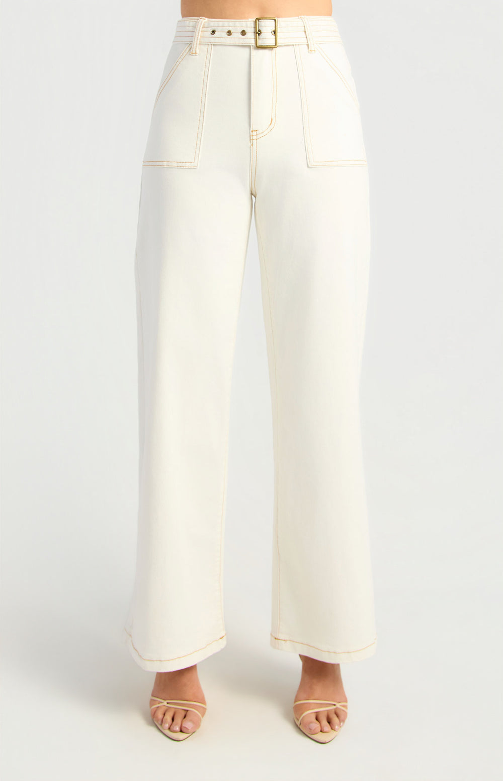 Patch Pocket Denim Jeans With Gold Belt Buckle (WDM667)