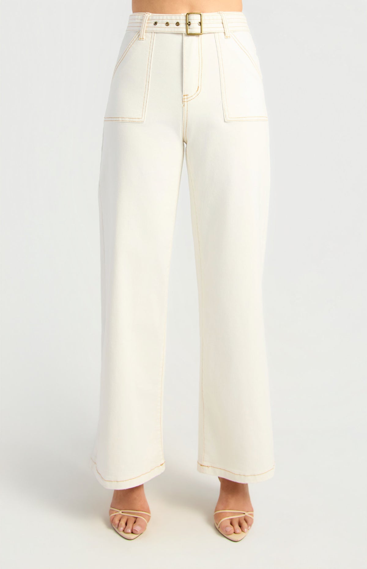 Patch Pocket Denim Jeans With Gold Belt Buckle (WDM667)