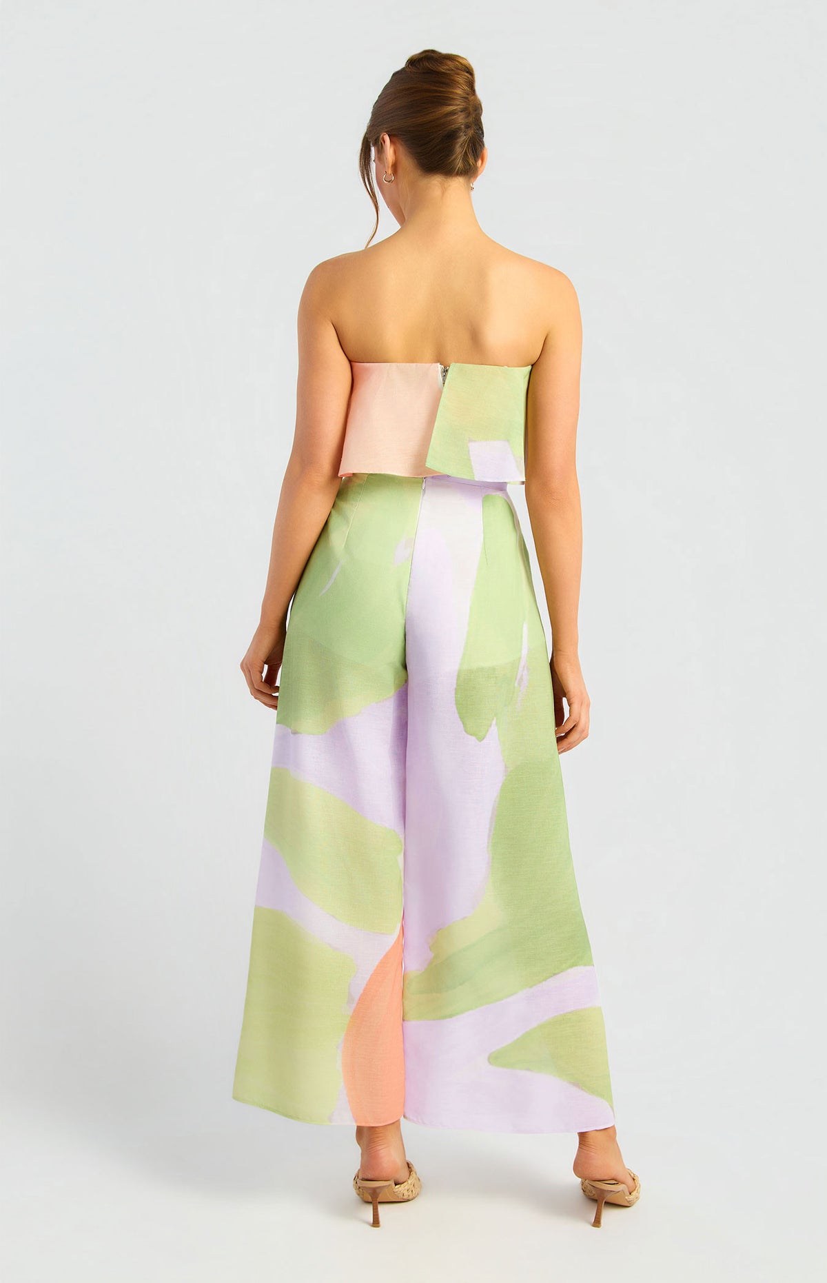 Faux Linen Abstract Print Strapless Top And Leg Split Detail Pants Set (SET3-12A)
