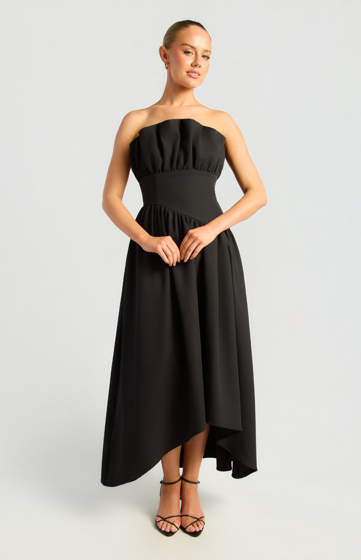 Ruffle Neckline Feature Waterfall Hem Dress (SDR1991A) — Black