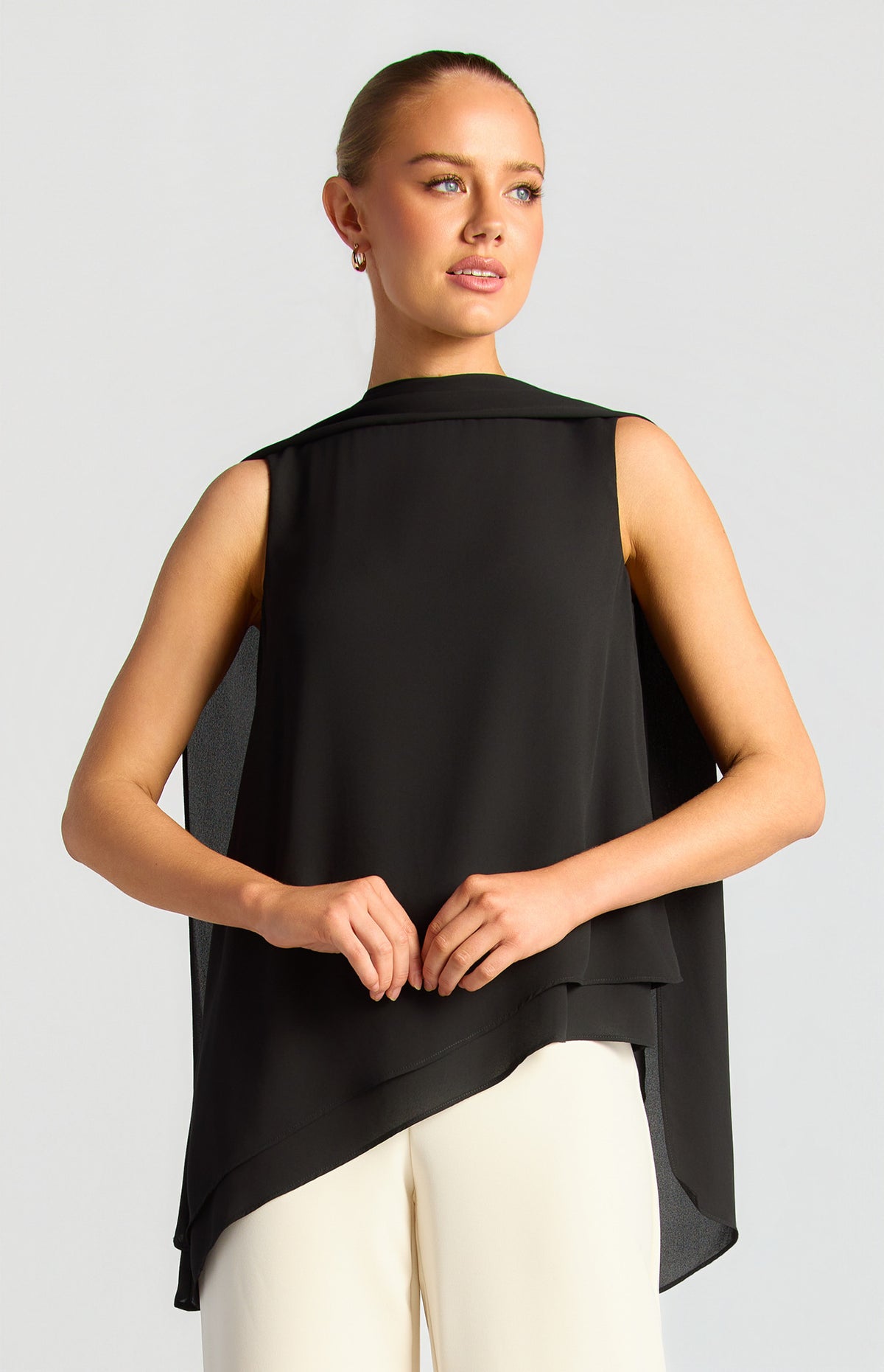 Multi Way Scarf Chiffon Top with Asymmetric Hem (WTO874B) — Black