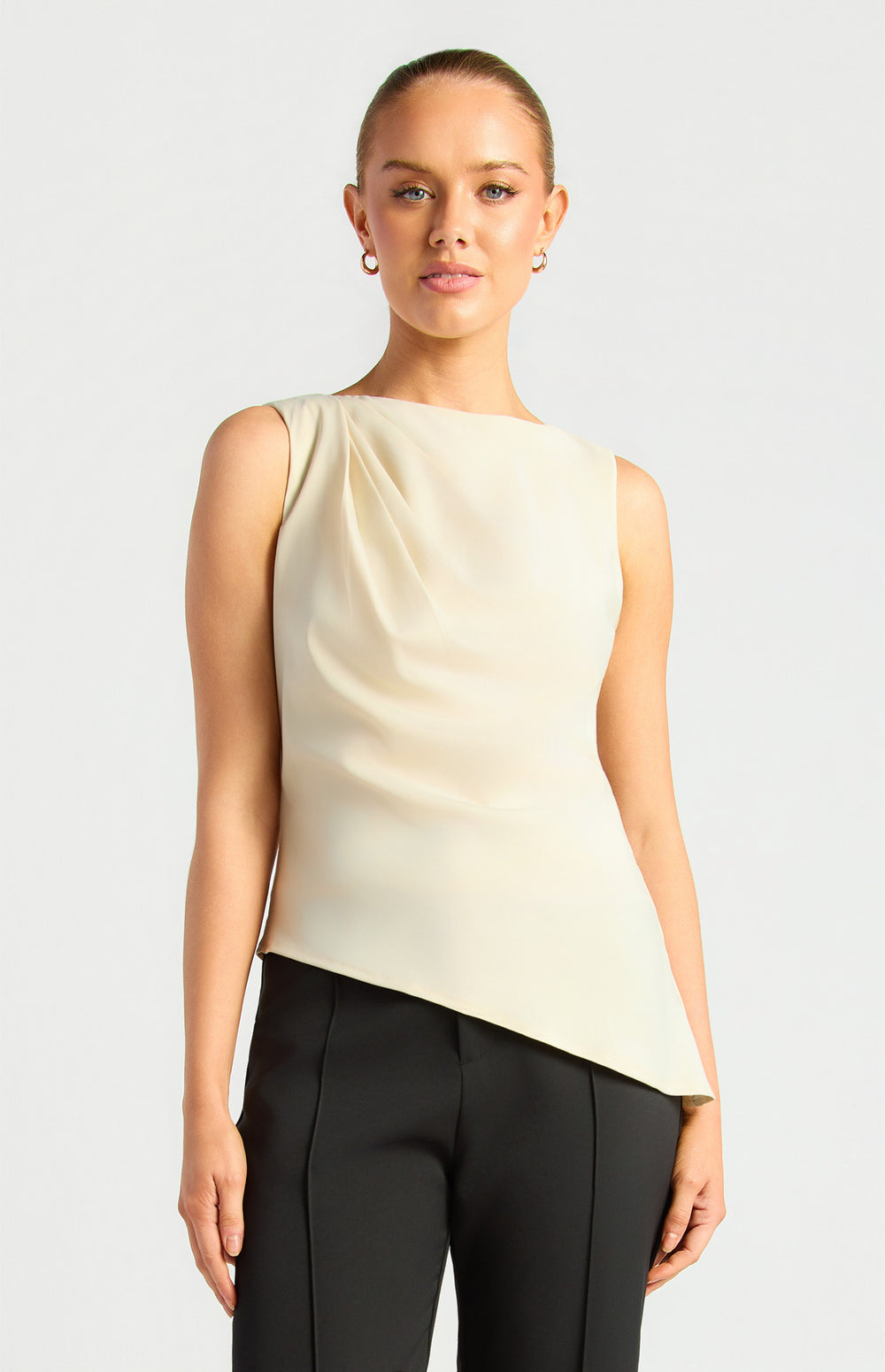 Round Neck Top With Pleated Shoulder Detail (WTO883B) — Bone
