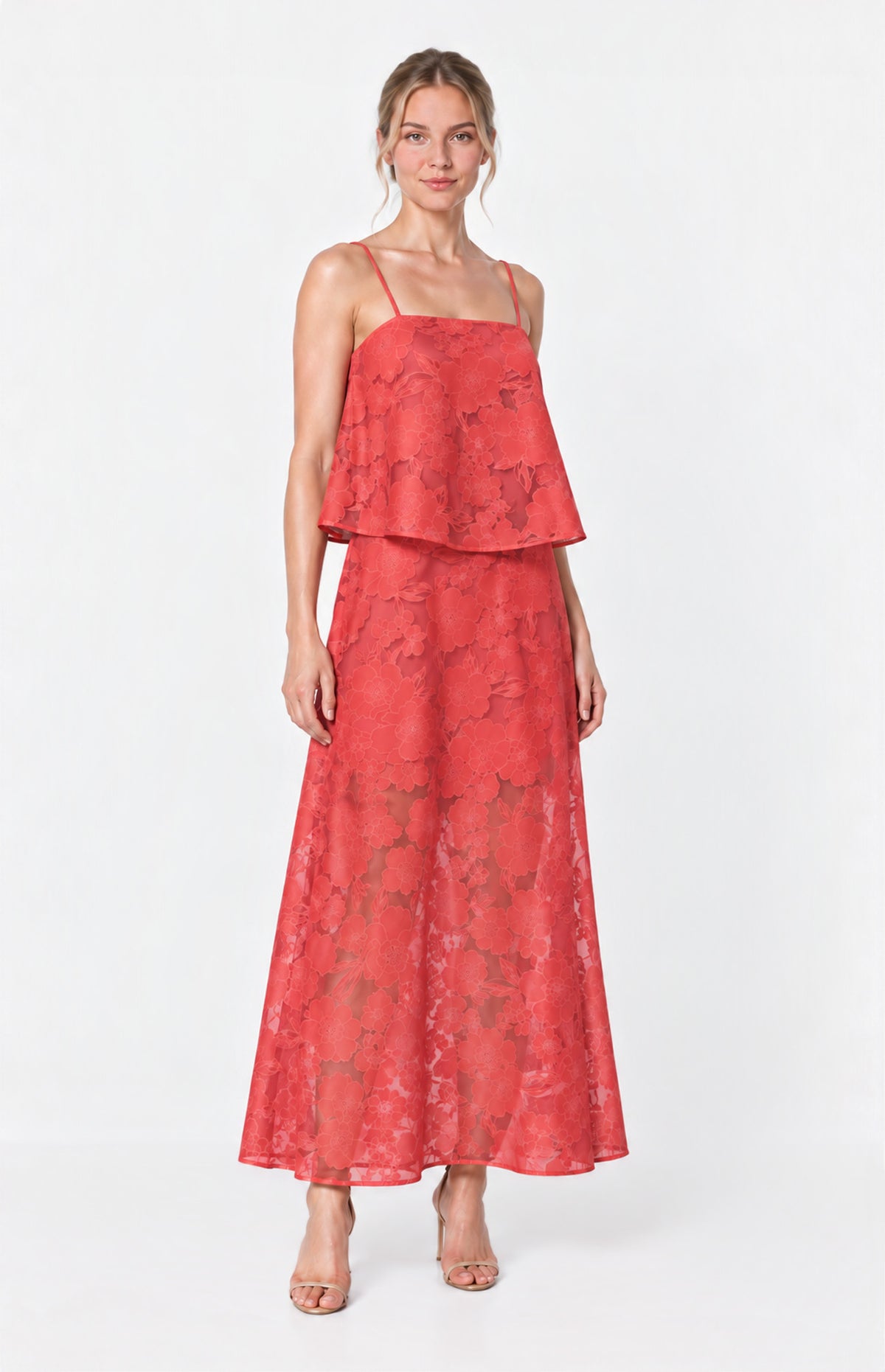 Sheer Floral Tiered Dress with Slip Skirt Lining (SDR1997A) — Red