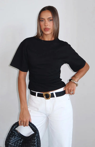 Destination Unknown Cinched Waist Boxy Tee Black | Women's Top