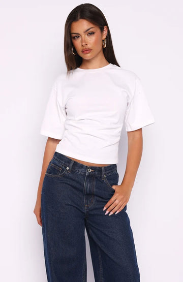 Destination Unknown Cinched Waist Boxy Tee White | Women's Top